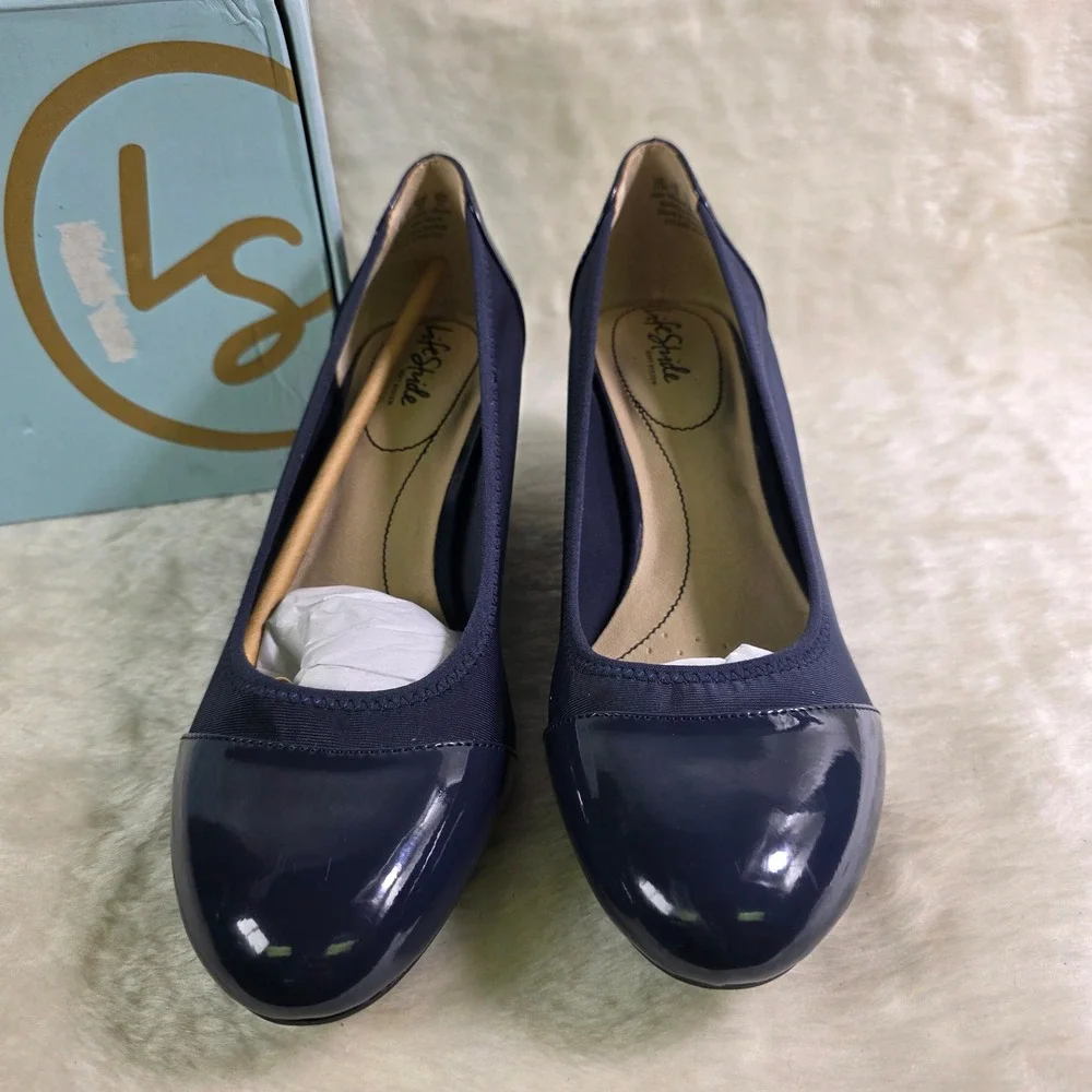 LifeStride Juliana Stretch Navy Patent Fabric Wedge Pumps Womens 11 WIDE NEW